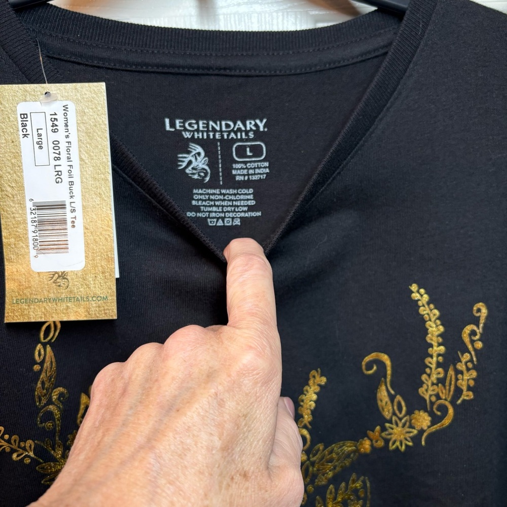 Legendary Whitetails Black L/S Tee with Gold Foil Floral Buck Design, L. NWT - Picture 4 of 8